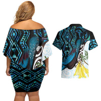 New Zealand Silver Fern Tui Bird Couples Matching Off Shoulder Short Dress and Hawaiian Shirt Maori Kowhai Paua Shell Taniko Motifs LT14 - Polynesian Pride