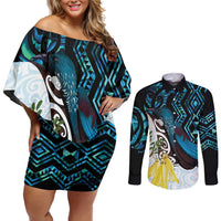 New Zealand Silver Fern Tui Bird Couples Matching Off Shoulder Short Dress and Long Sleeve Button Shirt Maori Kowhai Paua Shell Taniko Motifs LT14 Turquoise - Polynesian Pride