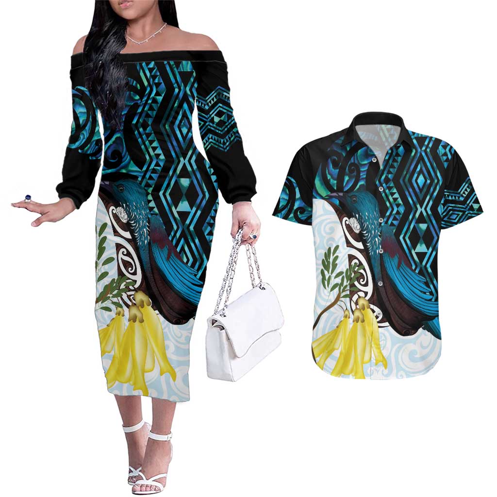 New Zealand Silver Fern Tui Bird Couples Matching Off The Shoulder Long Sleeve Dress and Hawaiian Shirt Maori Kowhai Paua Shell Taniko Motifs LT14 Turquoise - Polynesian Pride