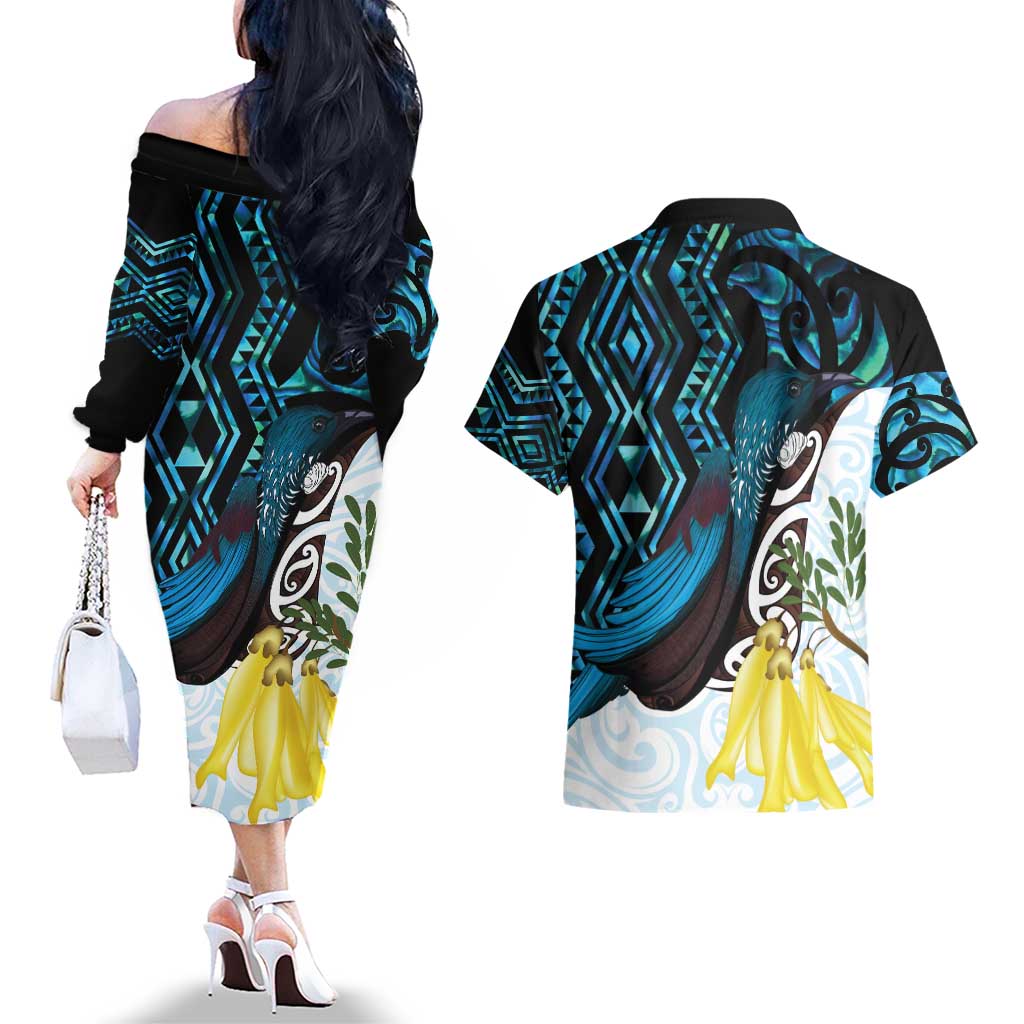 New Zealand Silver Fern Tui Bird Couples Matching Off The Shoulder Long Sleeve Dress and Hawaiian Shirt Maori Kowhai Paua Shell Taniko Motifs LT14 - Polynesian Pride