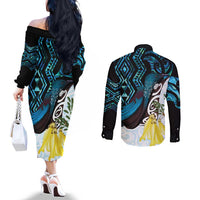 New Zealand Silver Fern Tui Bird Couples Matching Off The Shoulder Long Sleeve Dress and Long Sleeve Button Shirt Maori Kowhai Paua Shell Taniko Motifs LT14 - Polynesian Pride