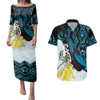 New Zealand Silver Fern Tui Bird Couples Matching Puletasi and Hawaiian Shirt Maori Kowhai Paua Shell Taniko Motifs LT14 Turquoise - Polynesian Pride