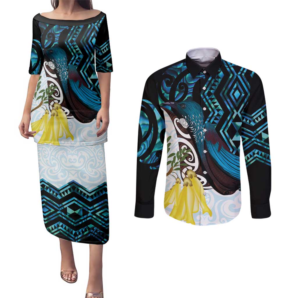 New Zealand Silver Fern Tui Bird Couples Matching Puletasi and Long Sleeve Button Shirt Maori Kowhai Paua Shell Taniko Motifs LT14 Turquoise - Polynesian Pride