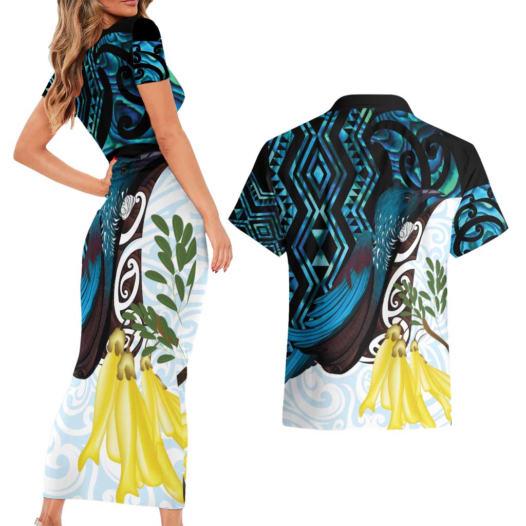 New Zealand Silver Fern Tui Bird Couples Matching Short Sleeve Bodycon Dress and Hawaiian Shirt Maori Kowhai Paua Shell Taniko Motifs LT14 - Polynesian Pride