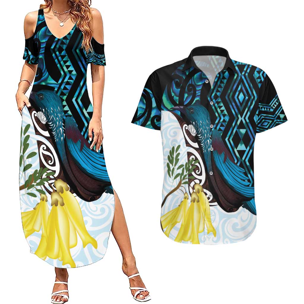 New Zealand Silver Fern Tui Bird Couples Matching Summer Maxi Dress and Hawaiian Shirt Maori Kowhai Paua Shell Taniko Motifs LT14 Turquoise - Polynesian Pride