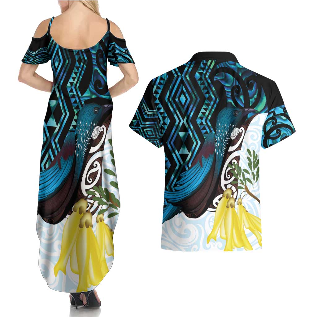 New Zealand Silver Fern Tui Bird Couples Matching Summer Maxi Dress and Hawaiian Shirt Maori Kowhai Paua Shell Taniko Motifs LT14 - Polynesian Pride