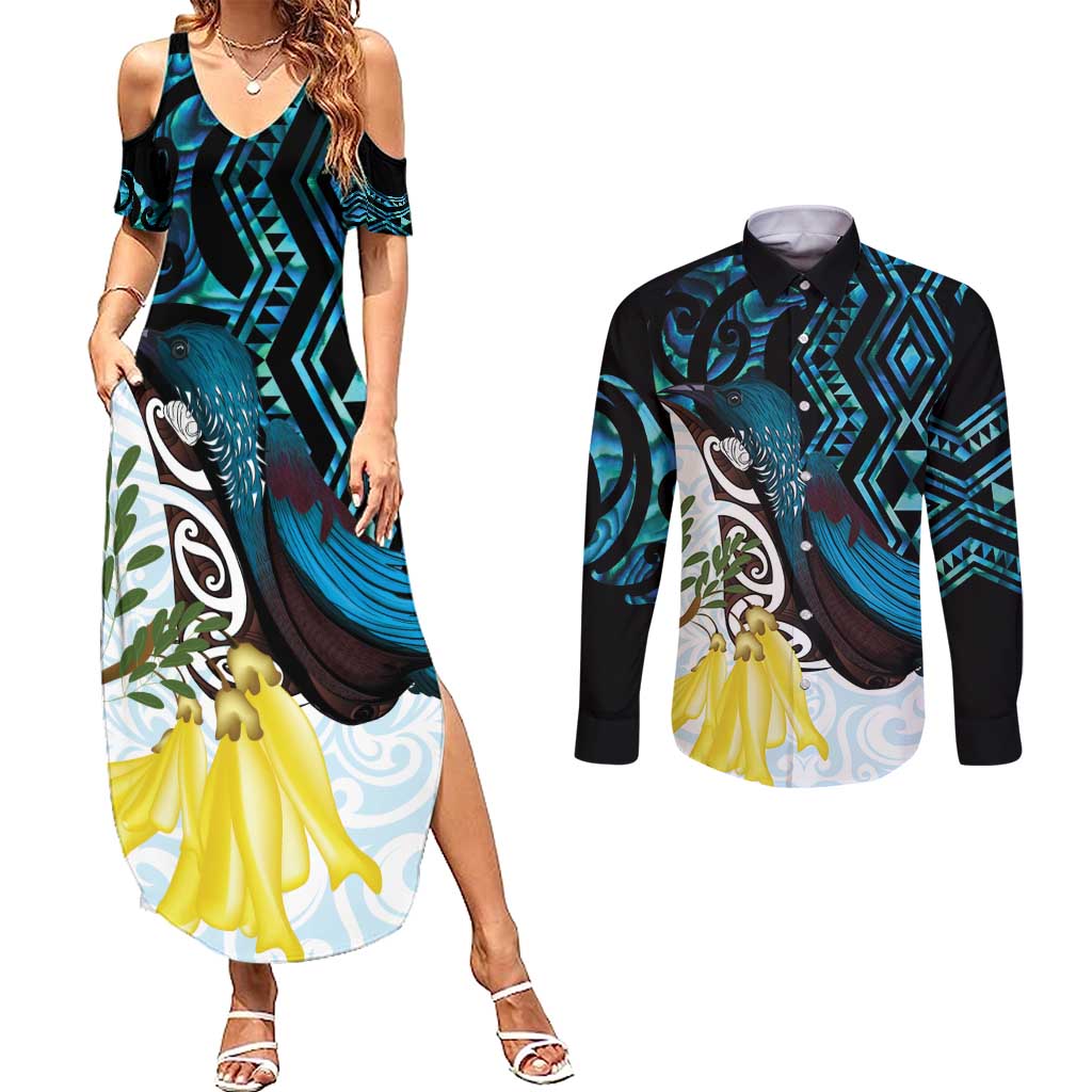 New Zealand Silver Fern Tui Bird Couples Matching Summer Maxi Dress and Long Sleeve Button Shirt Maori Kowhai Paua Shell Taniko Motifs LT14 Turquoise - Polynesian Pride