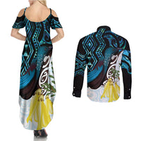 New Zealand Silver Fern Tui Bird Couples Matching Summer Maxi Dress and Long Sleeve Button Shirt Maori Kowhai Paua Shell Taniko Motifs LT14 - Polynesian Pride