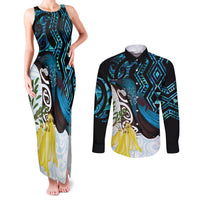 New Zealand Silver Fern Tui Bird Couples Matching Tank Maxi Dress and Long Sleeve Button Shirt Maori Kowhai Paua Shell Taniko Motifs LT14 Turquoise - Polynesian Pride