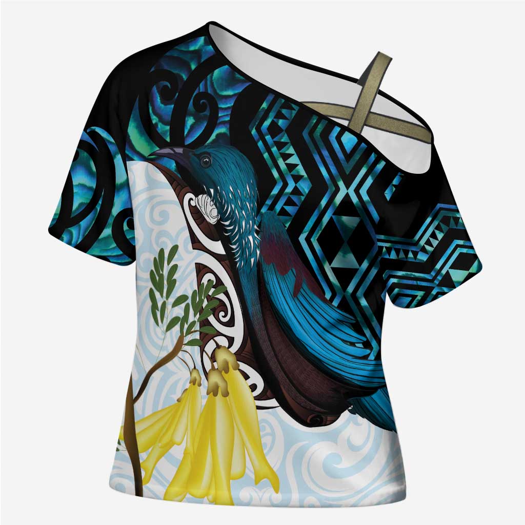 New Zealand Silver Fern Tui Bird Cross Shoulder Shirt Maori Kowhai Paua Shell Taniko Motifs - Polynesian Pride