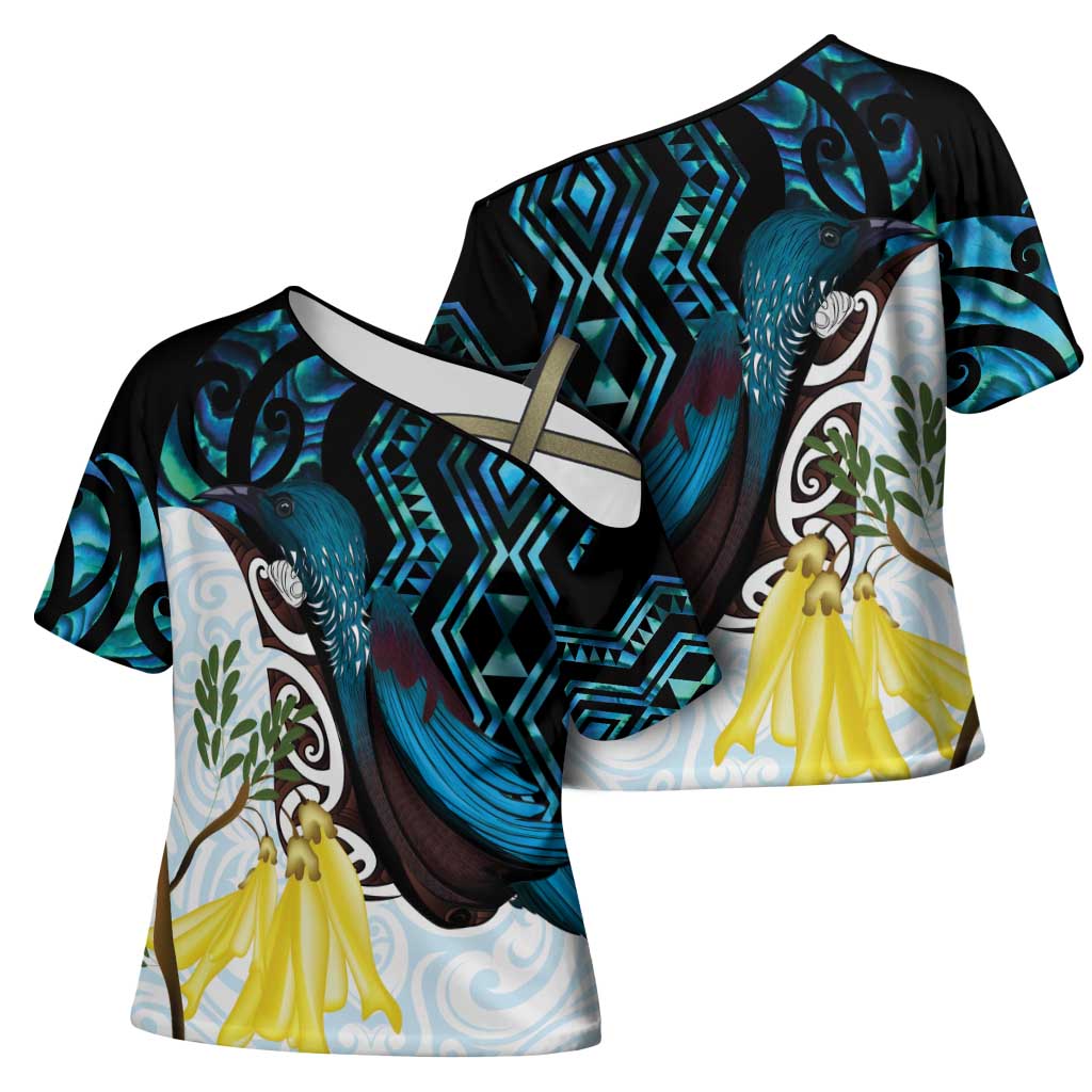 New Zealand Silver Fern Tui Bird Cross Shoulder Shirt Maori Kowhai Paua Shell Taniko Motifs LT14 - Polynesian Pride