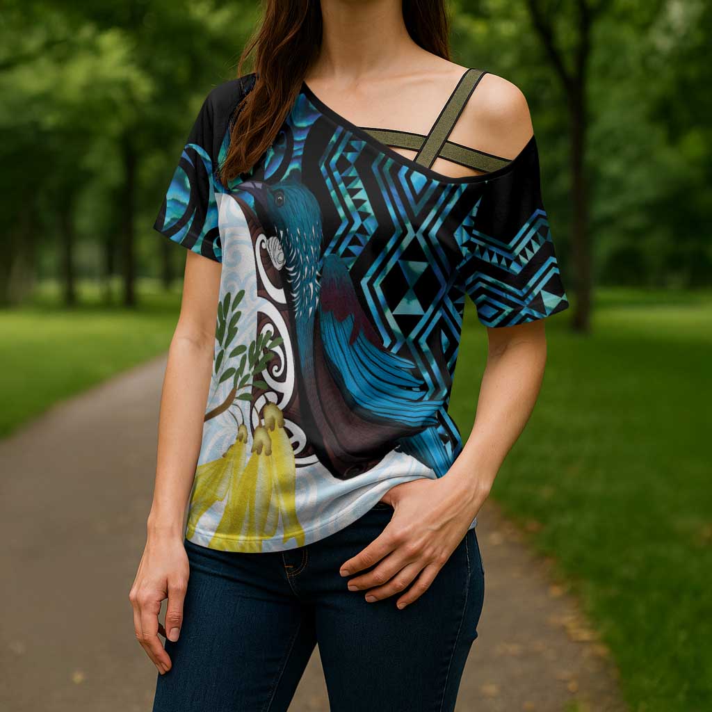 New Zealand Silver Fern Tui Bird Cross Shoulder Shirt Maori Kowhai Paua Shell Taniko Motifs LT14 - Polynesian Pride