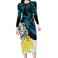 New Zealand Silver Fern Tui Bird Family Matching Long Sleeve Bodycon Dress and Hawaiian Shirt Maori Kowhai Paua Shell Taniko Motifs LT14 Mom's Dress Turquoise - Polynesian Pride