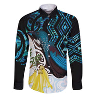 New Zealand Silver Fern Tui Bird Family Matching Mermaid Dress and Hawaiian Shirt Maori Kowhai Paua Shell Taniko Motifs LT14 Dad's Shirt - Long Sleeve Turquoise - Polynesian Pride