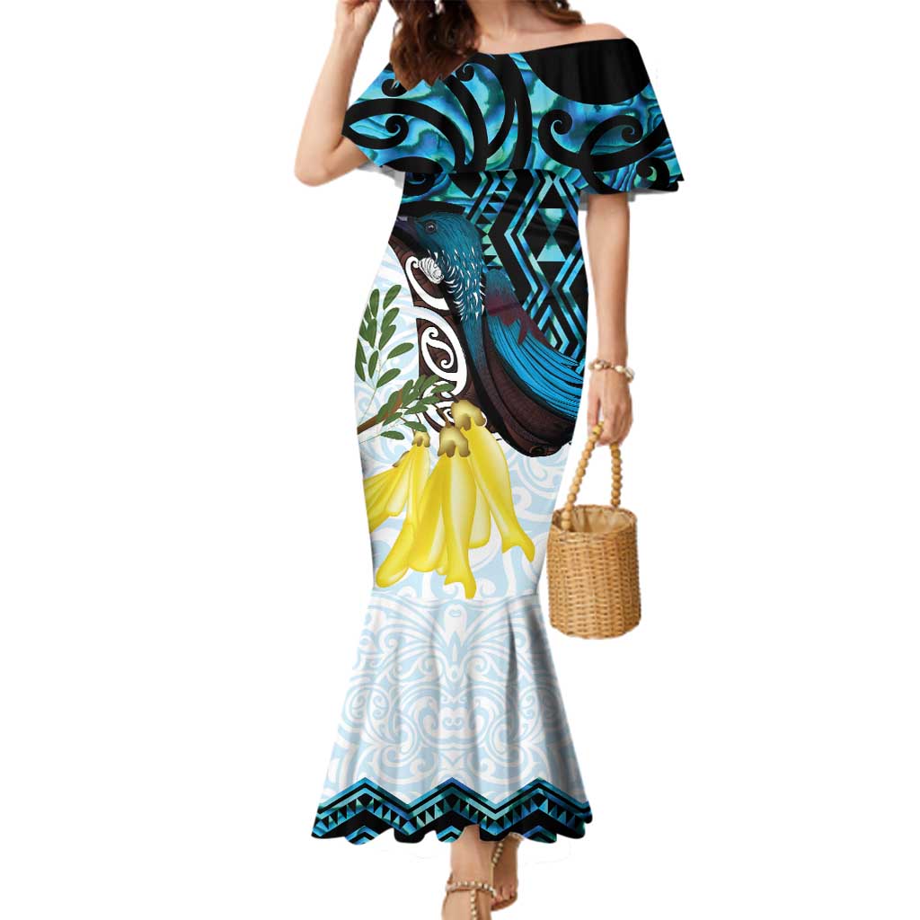New Zealand Silver Fern Tui Bird Family Matching Mermaid Dress and Hawaiian Shirt Maori Kowhai Paua Shell Taniko Motifs LT14 Mom's Dress Turquoise - Polynesian Pride