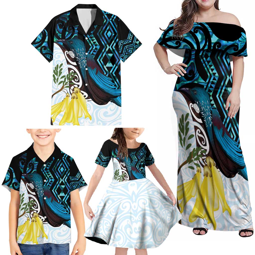 New Zealand Silver Fern Tui Bird Family Matching Off Shoulder Maxi Dress and Hawaiian Shirt Maori Kowhai Paua Shell Taniko Motifs LT14 - Polynesian Pride