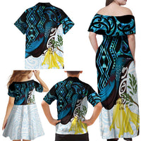 New Zealand Silver Fern Tui Bird Family Matching Off Shoulder Maxi Dress and Hawaiian Shirt Maori Kowhai Paua Shell Taniko Motifs LT14 - Polynesian Pride