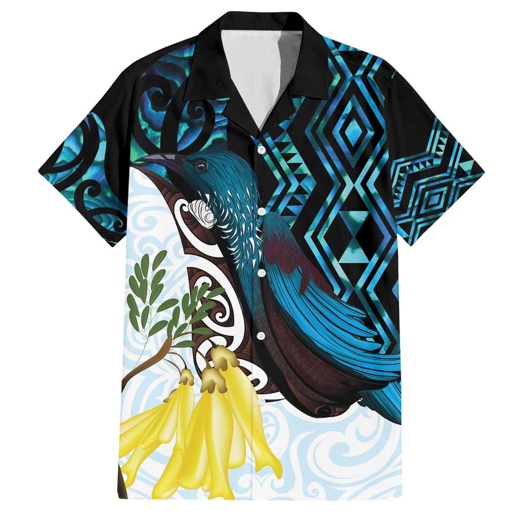 New Zealand Silver Fern Tui Bird Family Matching Off Shoulder Maxi Dress and Hawaiian Shirt Maori Kowhai Paua Shell Taniko Motifs LT14 Dad's Shirt - Short Sleeve Turquoise - Polynesian Pride