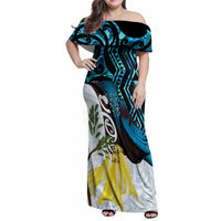 New Zealand Silver Fern Tui Bird Family Matching Off Shoulder Maxi Dress and Hawaiian Shirt Maori Kowhai Paua Shell Taniko Motifs LT14 Mom's Dress Turquoise - Polynesian Pride