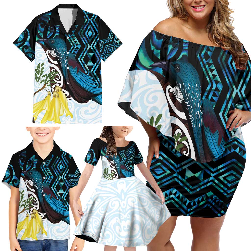 New Zealand Silver Fern Tui Bird Family Matching Off Shoulder Short Dress and Hawaiian Shirt Maori Kowhai Paua Shell Taniko Motifs LT14 - Polynesian Pride