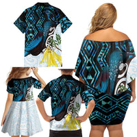 New Zealand Silver Fern Tui Bird Family Matching Off Shoulder Short Dress and Hawaiian Shirt Maori Kowhai Paua Shell Taniko Motifs LT14 - Polynesian Pride