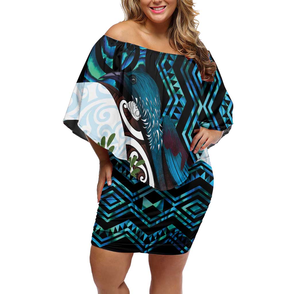 New Zealand Silver Fern Tui Bird Family Matching Off Shoulder Short Dress and Hawaiian Shirt Maori Kowhai Paua Shell Taniko Motifs LT14 Mom's Dress Turquoise - Polynesian Pride