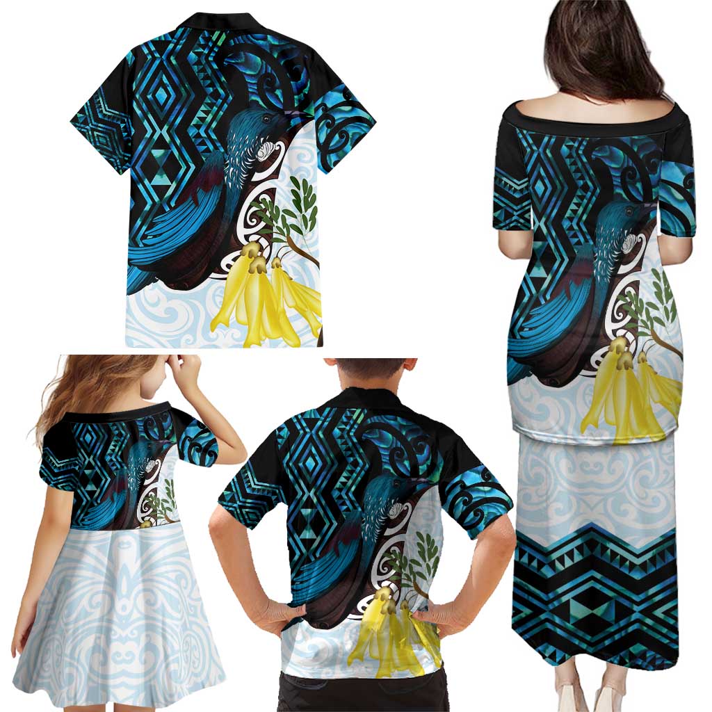 New Zealand Silver Fern Tui Bird Family Matching Puletasi and Hawaiian Shirt Maori Kowhai Paua Shell Taniko Motifs LT14 - Polynesian Pride