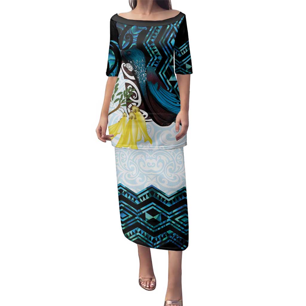New Zealand Silver Fern Tui Bird Family Matching Puletasi and Hawaiian Shirt Maori Kowhai Paua Shell Taniko Motifs LT14 Mom's Dress Turquoise - Polynesian Pride