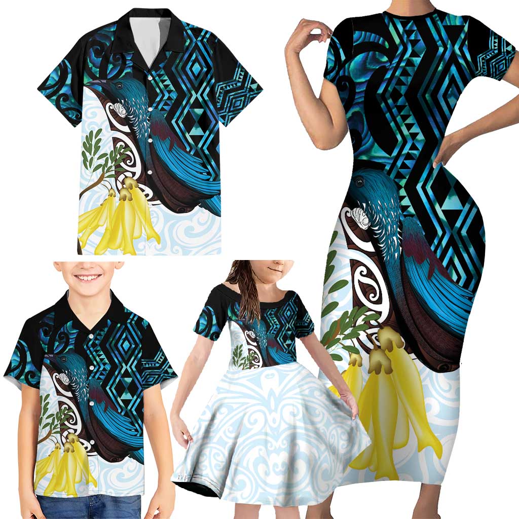 New Zealand Silver Fern Tui Bird Family Matching Short Sleeve Bodycon Dress and Hawaiian Shirt Maori Kowhai Paua Shell Taniko Motifs LT14 - Polynesian Pride