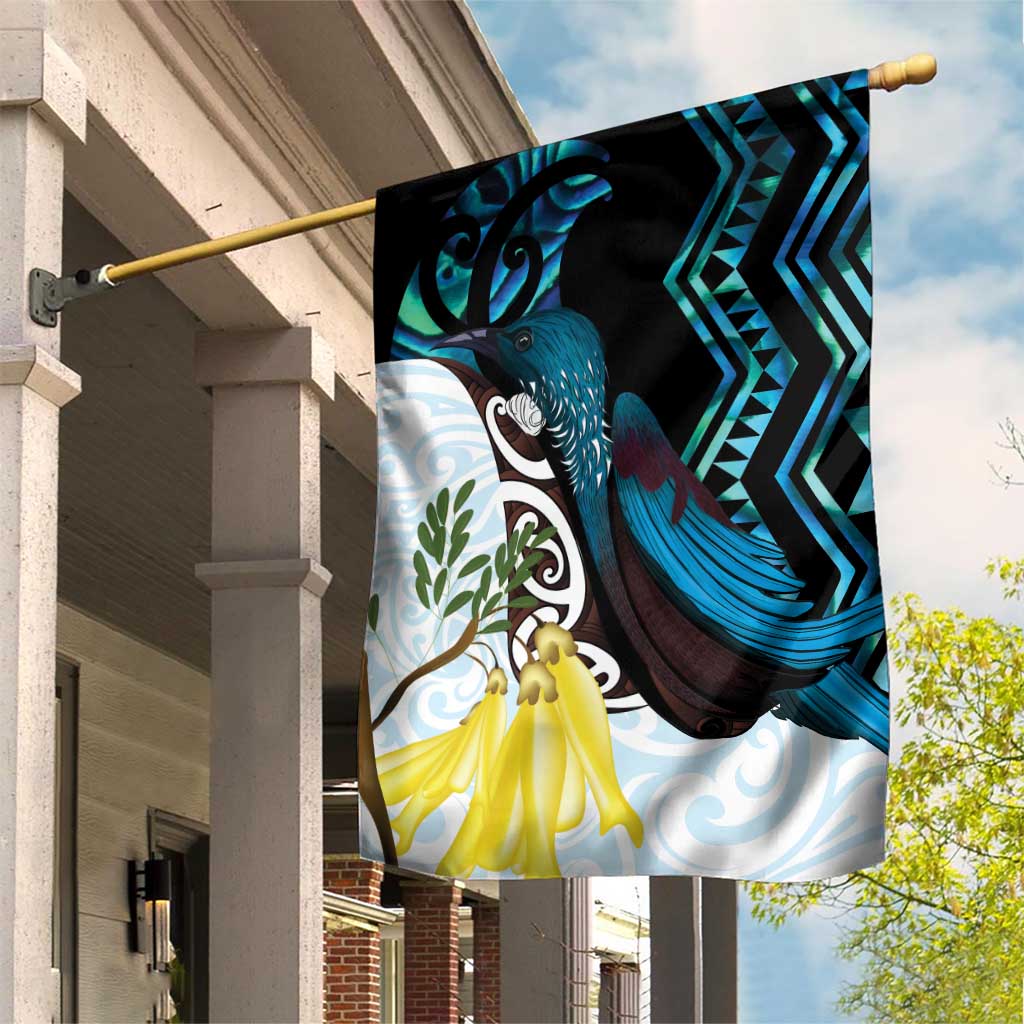 New Zealand Silver Fern Tui Bird Garden Flag Maori Kowhai Paua Shell Taniko Motifs LT14 House Flag Turquoise - Polynesian Pride