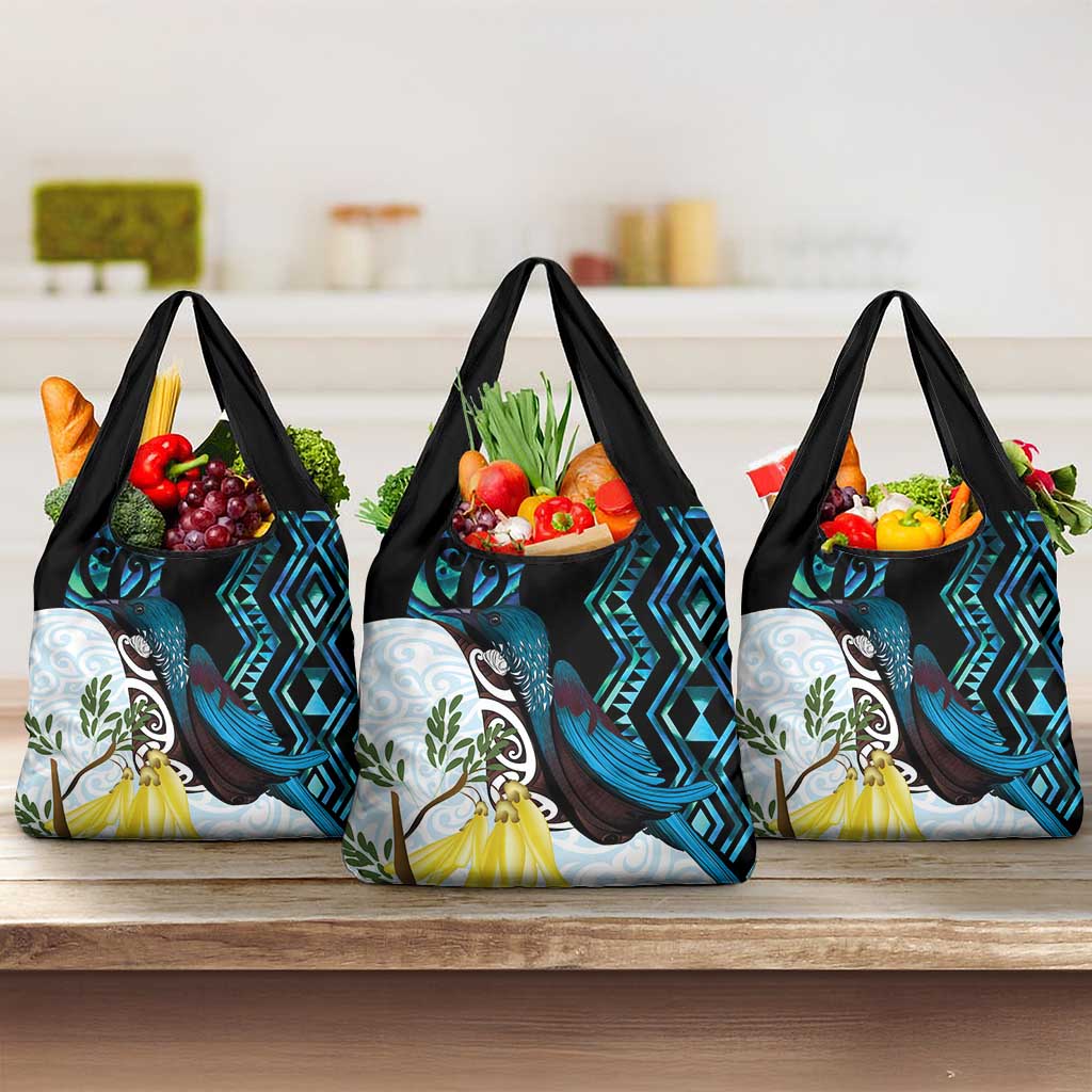 New Zealand Silver Fern Tui Bird Grocery Bag Maori Kowhai Paua Shell Taniko Motifs LT14 3-pack One Size Turquoise - Polynesian Pride