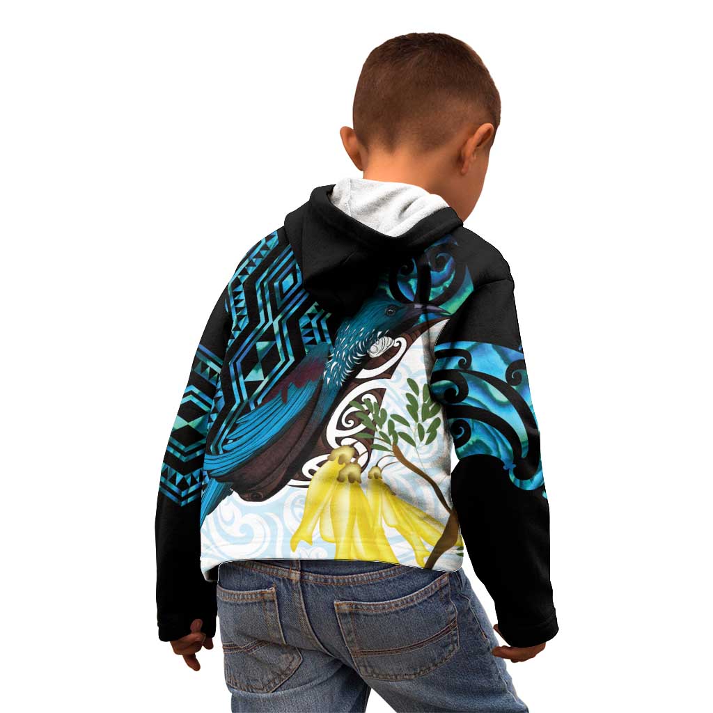 New Zealand Silver Fern Tui Bird Kid Hoodie Maori Kowhai Paua Shell Taniko Motifs LT14 - Polynesian Pride