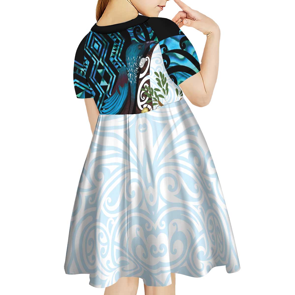 New Zealand Silver Fern Tui Bird Kid Short Sleeve Dress Maori Kowhai Paua Shell Taniko Motifs LT14 - Polynesian Pride