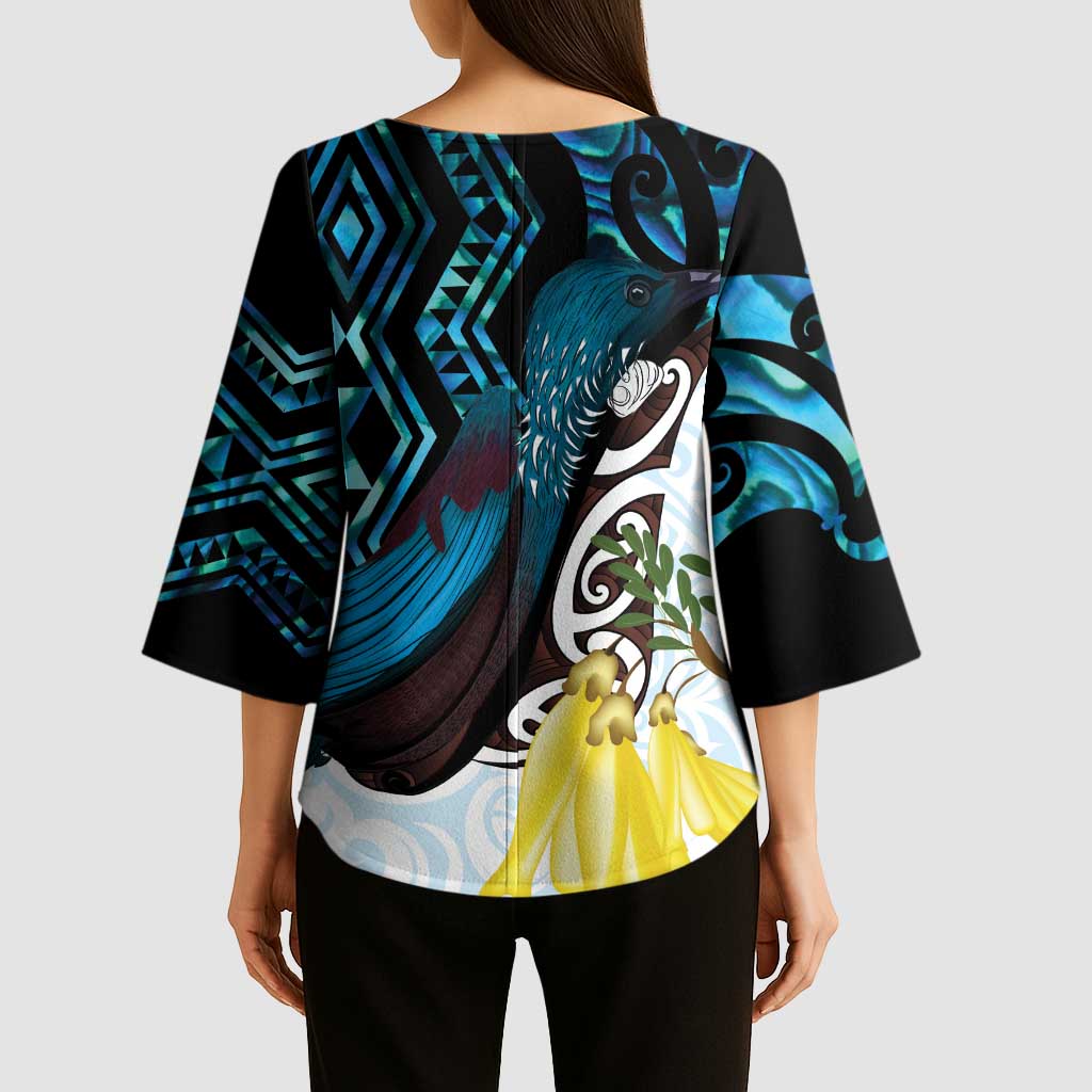 New Zealand Silver Fern Tui Bird Kimono Sleeve Blouse Maori Kowhai Paua Shell Taniko Motifs LT14 - Polynesian Pride