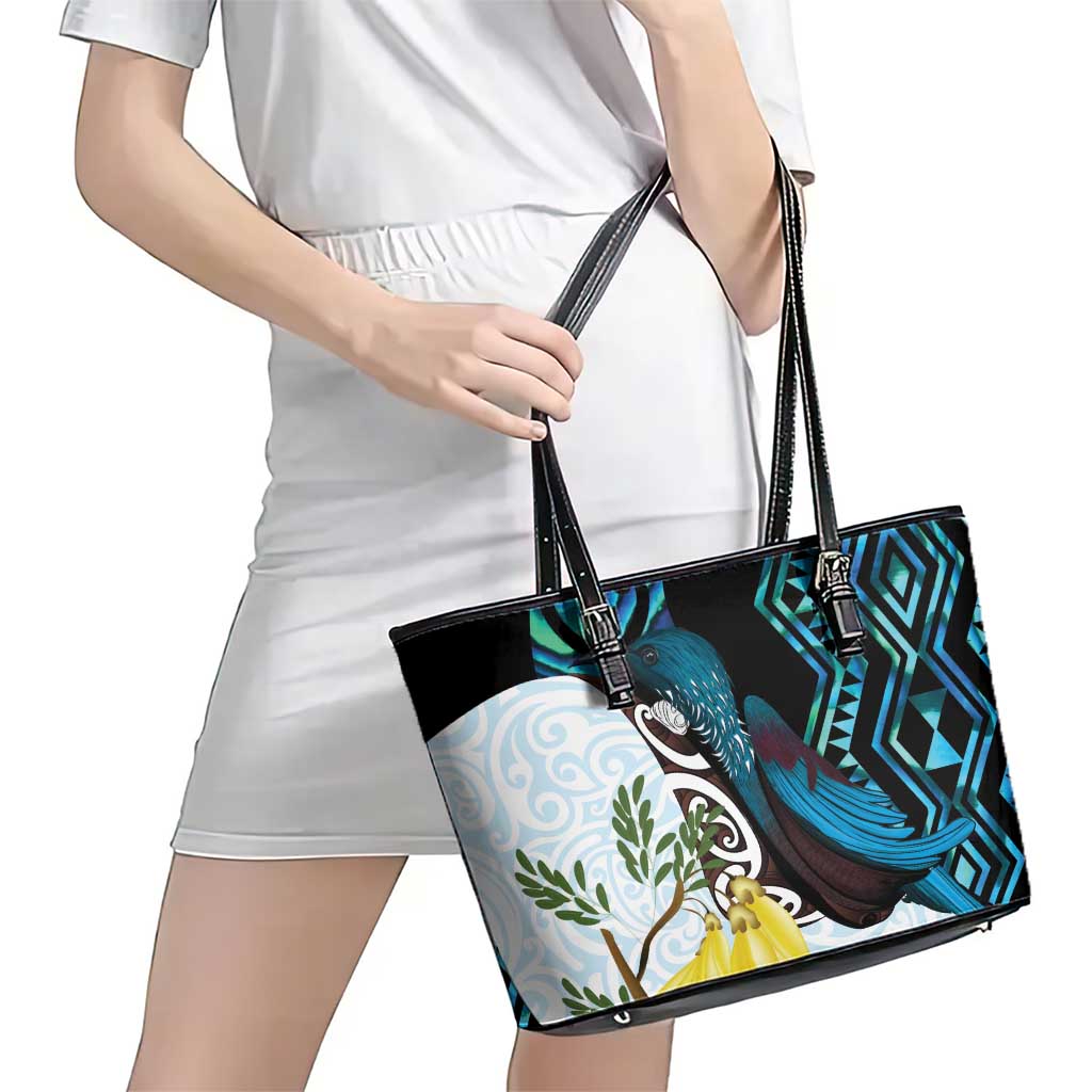 New Zealand Silver Fern Tui Bird Leather Tote Bag Maori Kowhai Paua Shell Taniko Motifs LT14 - Polynesian Pride
