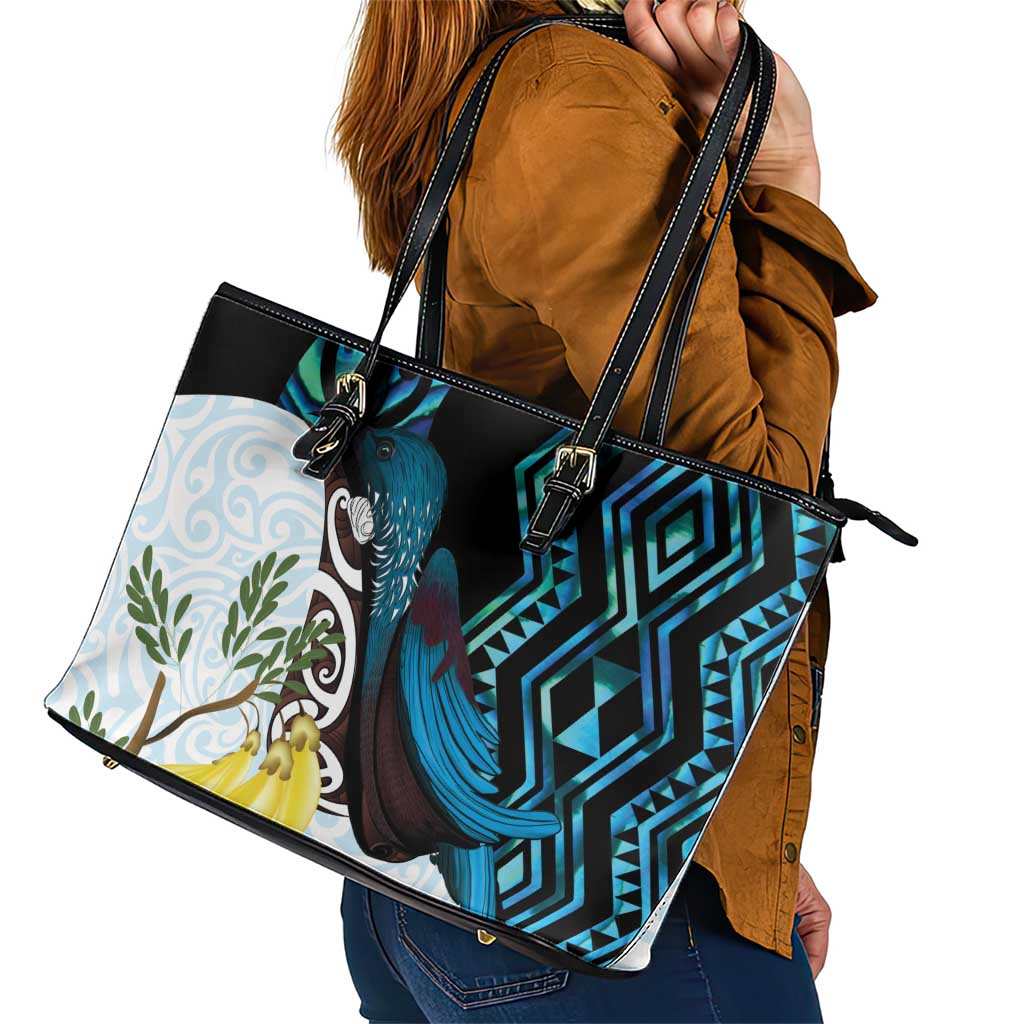 New Zealand Silver Fern Tui Bird Leather Tote Bag Maori Kowhai Paua Shell Taniko Motifs LT14 - Polynesian Pride