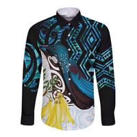 New Zealand Silver Fern Tui Bird Long Sleeve Button Shirt Maori Kowhai Paua Shell Taniko Motifs LT14 Unisex Turquoise - Polynesian Pride