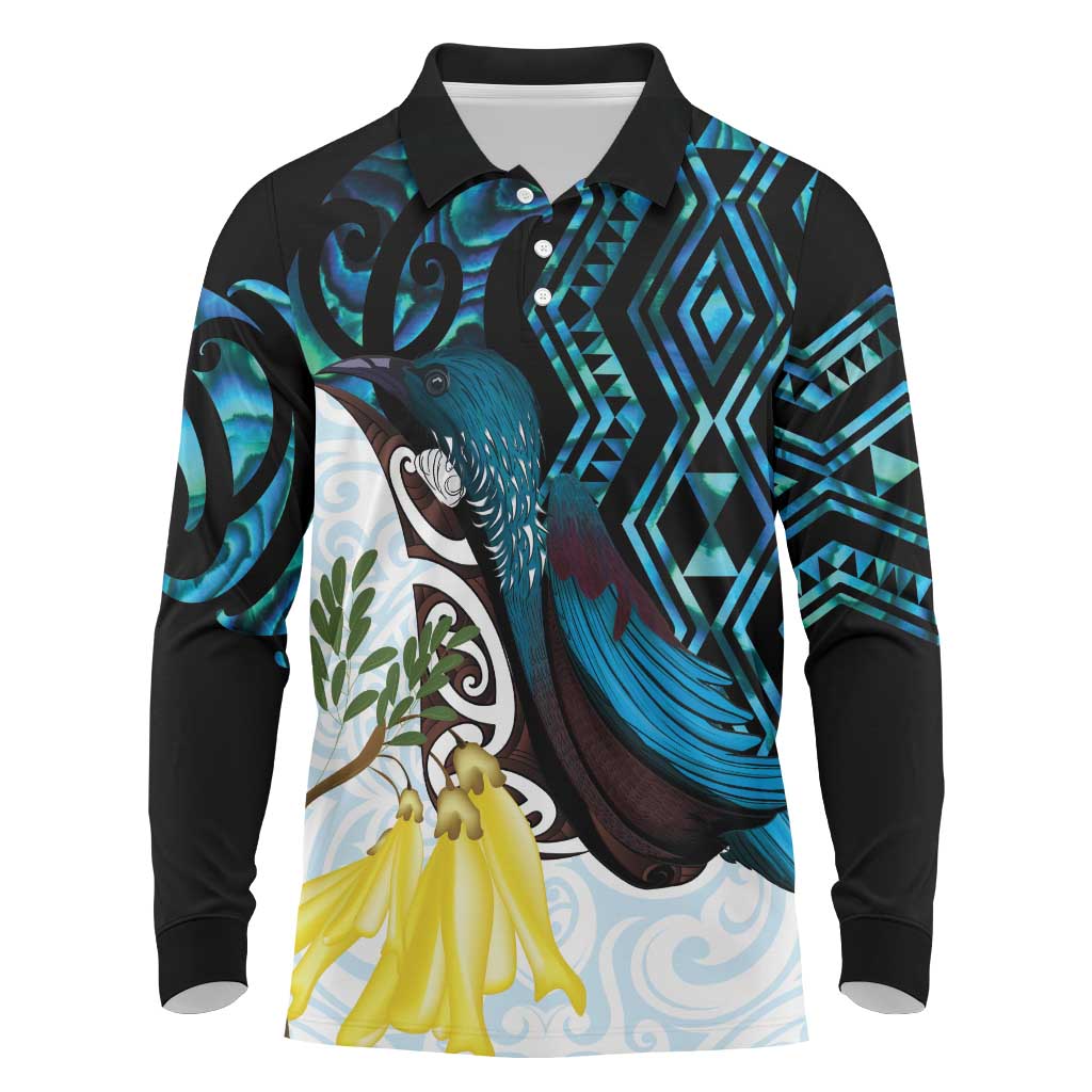 New Zealand Silver Fern Tui Bird Long Sleeve Polo Shirt Maori Kowhai Paua Shell Taniko Motifs