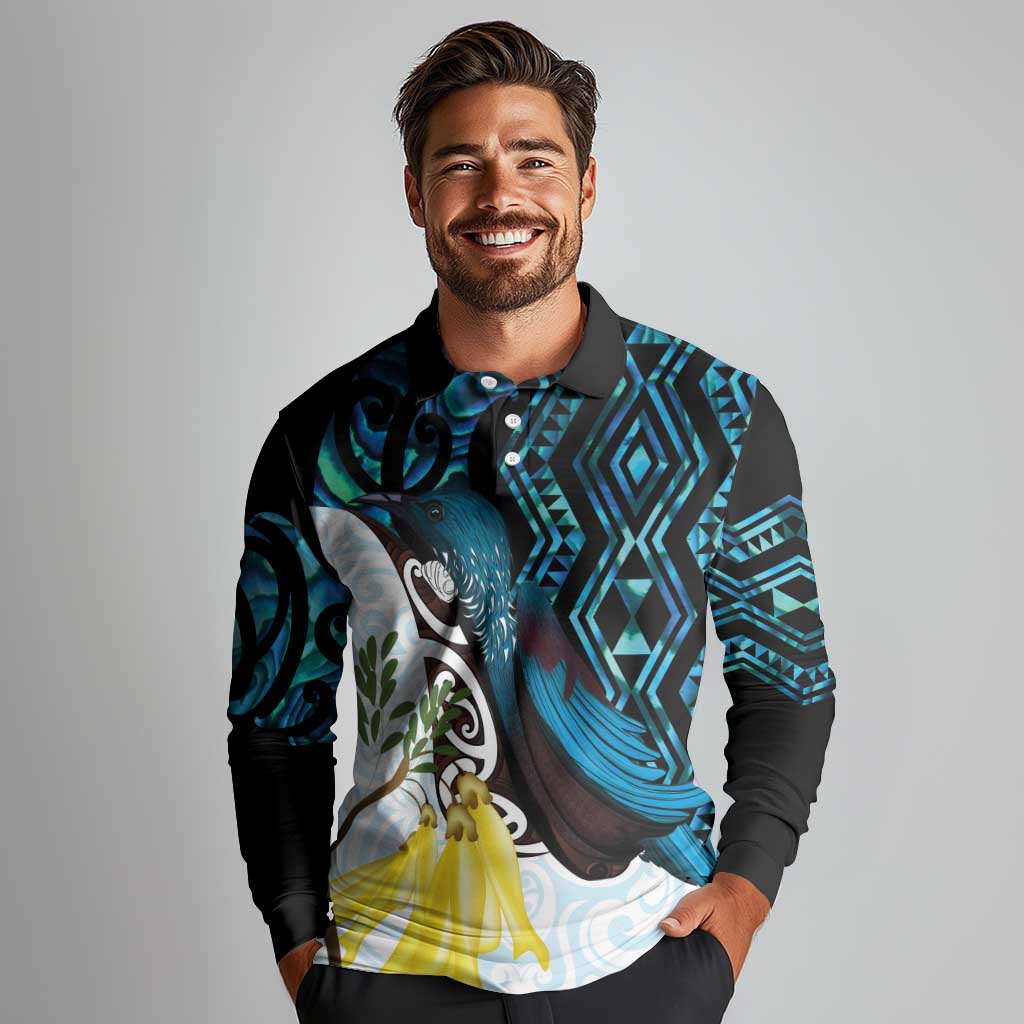 New Zealand Silver Fern Tui Bird Long Sleeve Polo Shirt Maori Kowhai Paua Shell Taniko Motifs