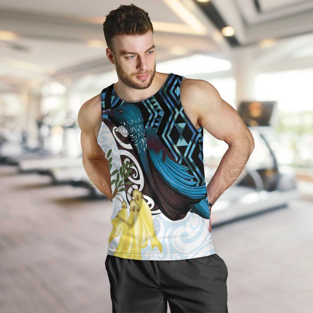 New Zealand Silver Fern Tui Bird Men Tank Top Maori Kowhai Paua Shell Taniko Motifs LT14 Turquoise - Polynesian Pride