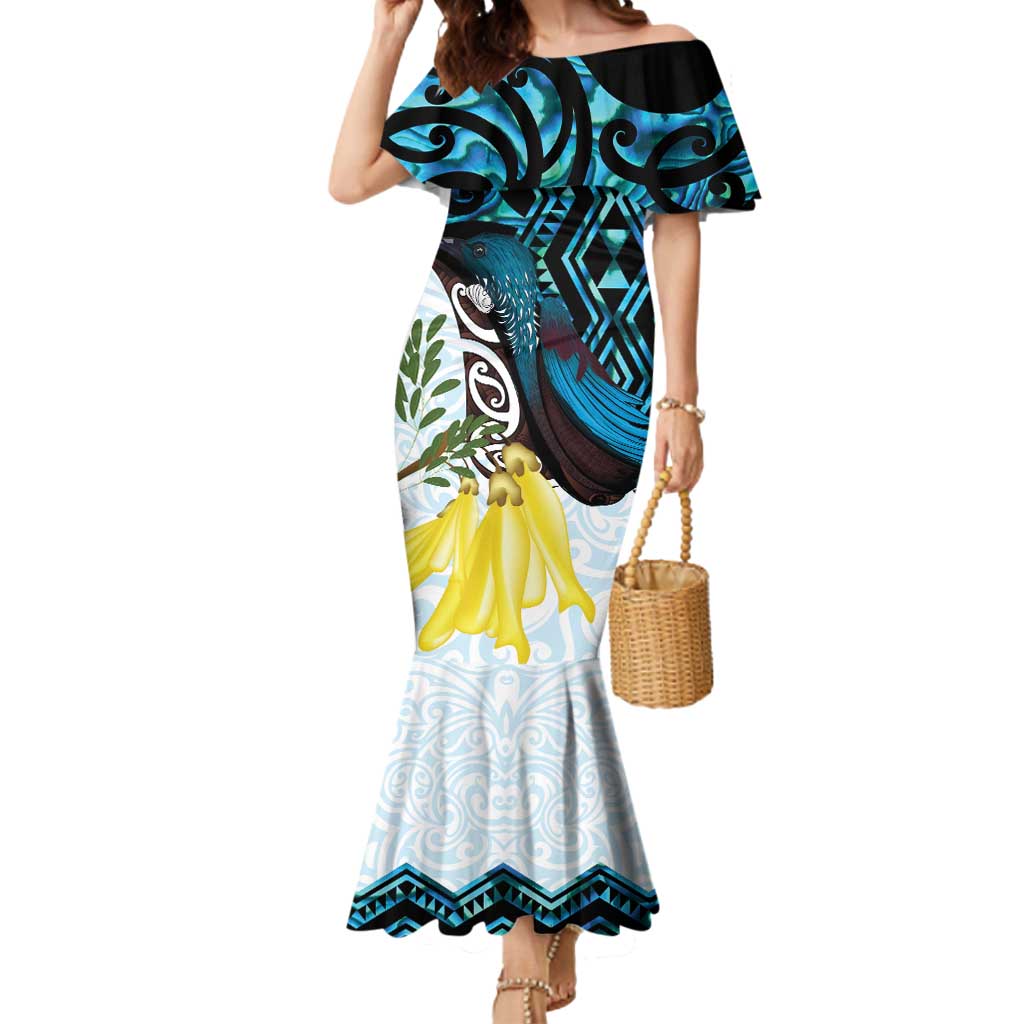 New Zealand Silver Fern Tui Bird Mermaid Dress Maori Kowhai Paua Shell Taniko Motifs