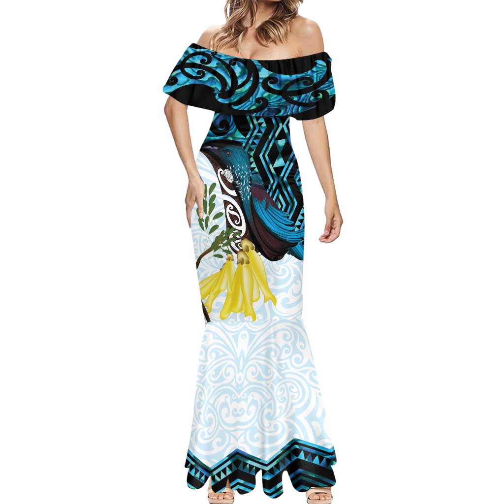 New Zealand Silver Fern Tui Bird Mermaid Dress Maori Kowhai Paua Shell Taniko Motifs LT14 - Polynesian Pride