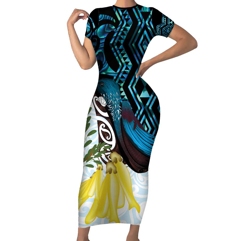 New Zealand Silver Fern Tui Bird Short Sleeve Bodycon Dress Maori Kowhai Paua Shell Taniko Motifs
