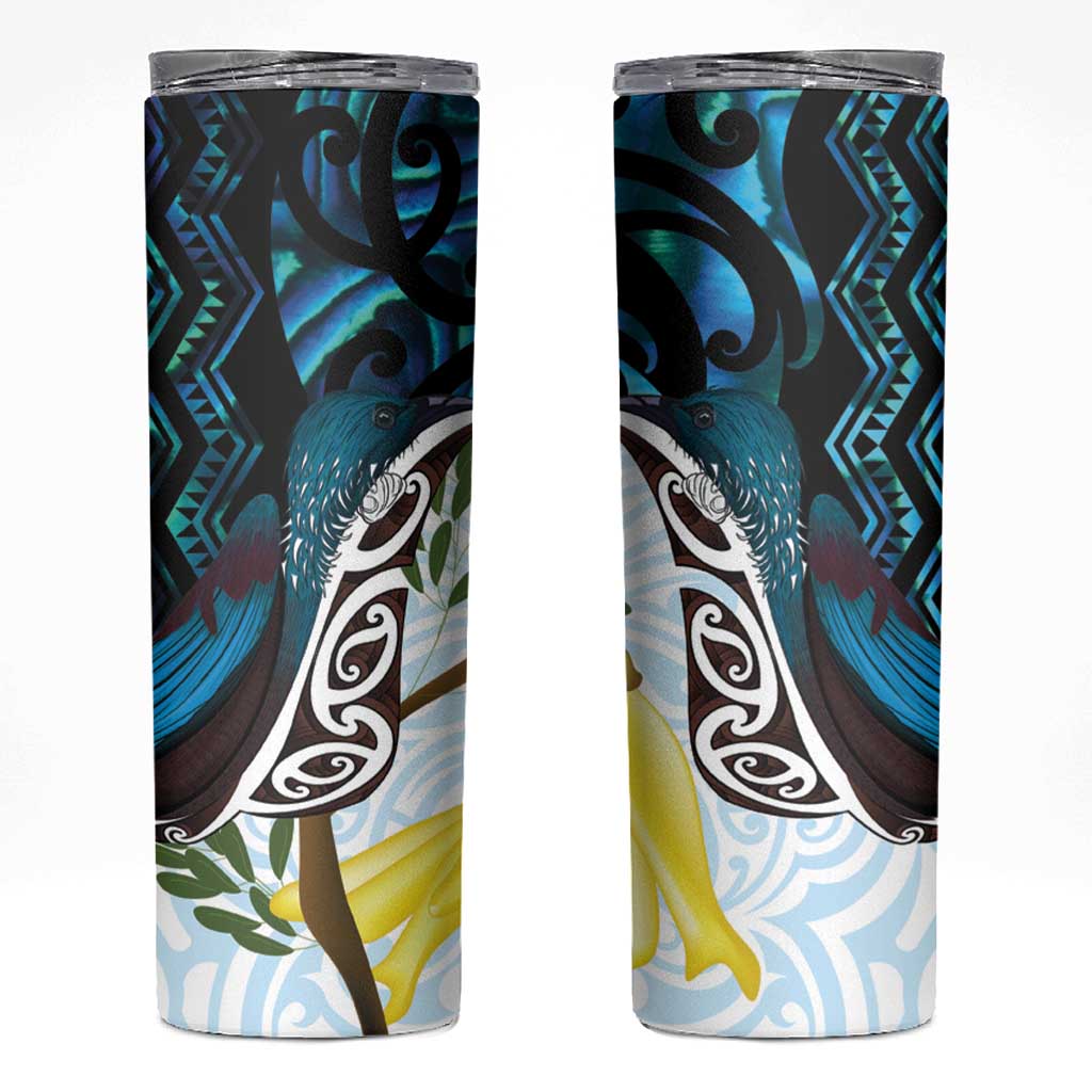 New Zealand Silver Fern Tui Bird Skinny Tumbler Maori Kowhai Paua Shell Taniko Motifs LT14 Turquoise - Polynesian Pride