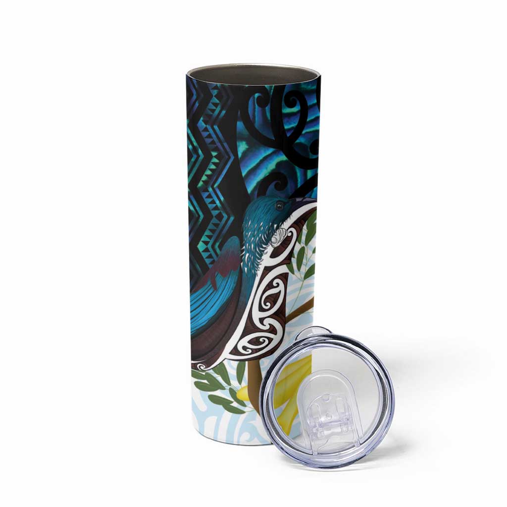 New Zealand Silver Fern Tui Bird Skinny Tumbler Maori Kowhai Paua Shell Taniko Motifs LT14 - Polynesian Pride