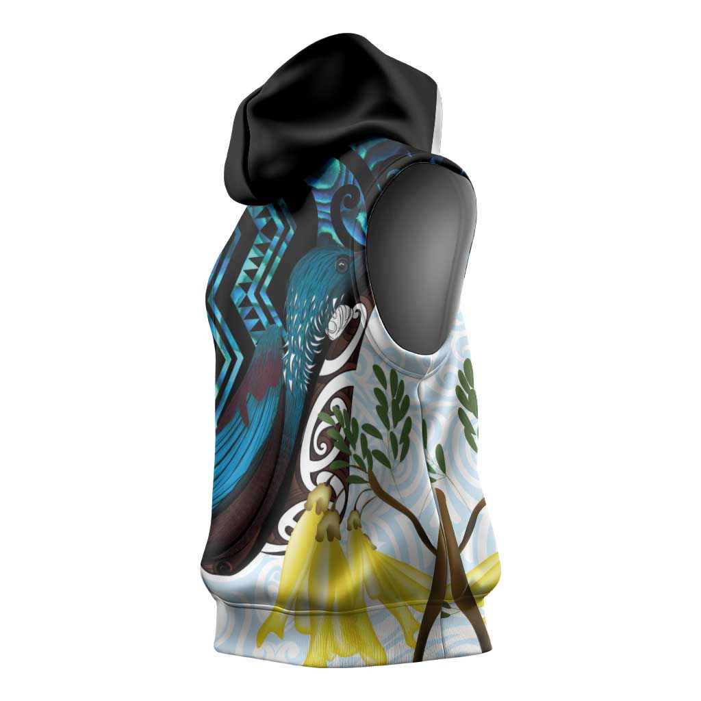 New Zealand Silver Fern Tui Bird Sleeveless Hoodie Maori Kowhai Paua Shell Taniko Motifs LT14 - Polynesian Pride