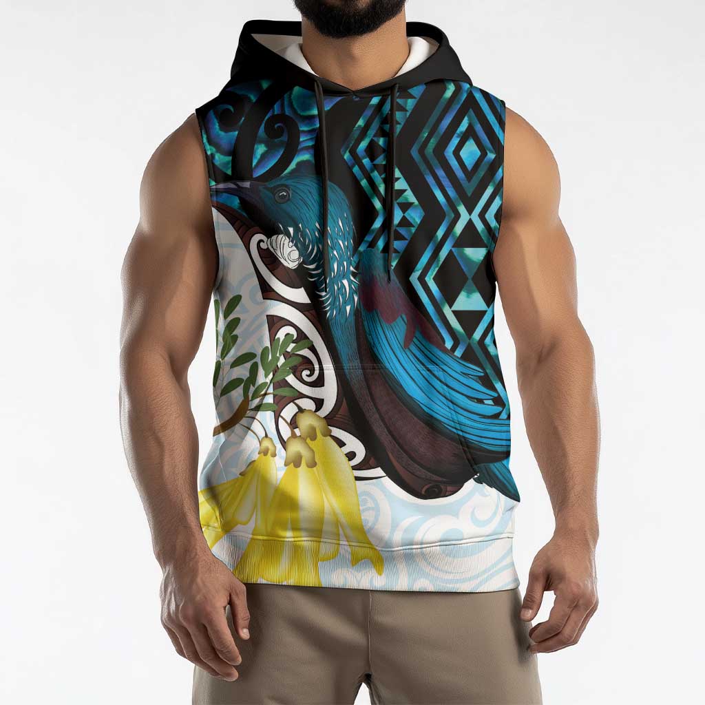 New Zealand Silver Fern Tui Bird Sleeveless Hoodie Maori Kowhai Paua Shell Taniko Motifs LT14 - Polynesian Pride