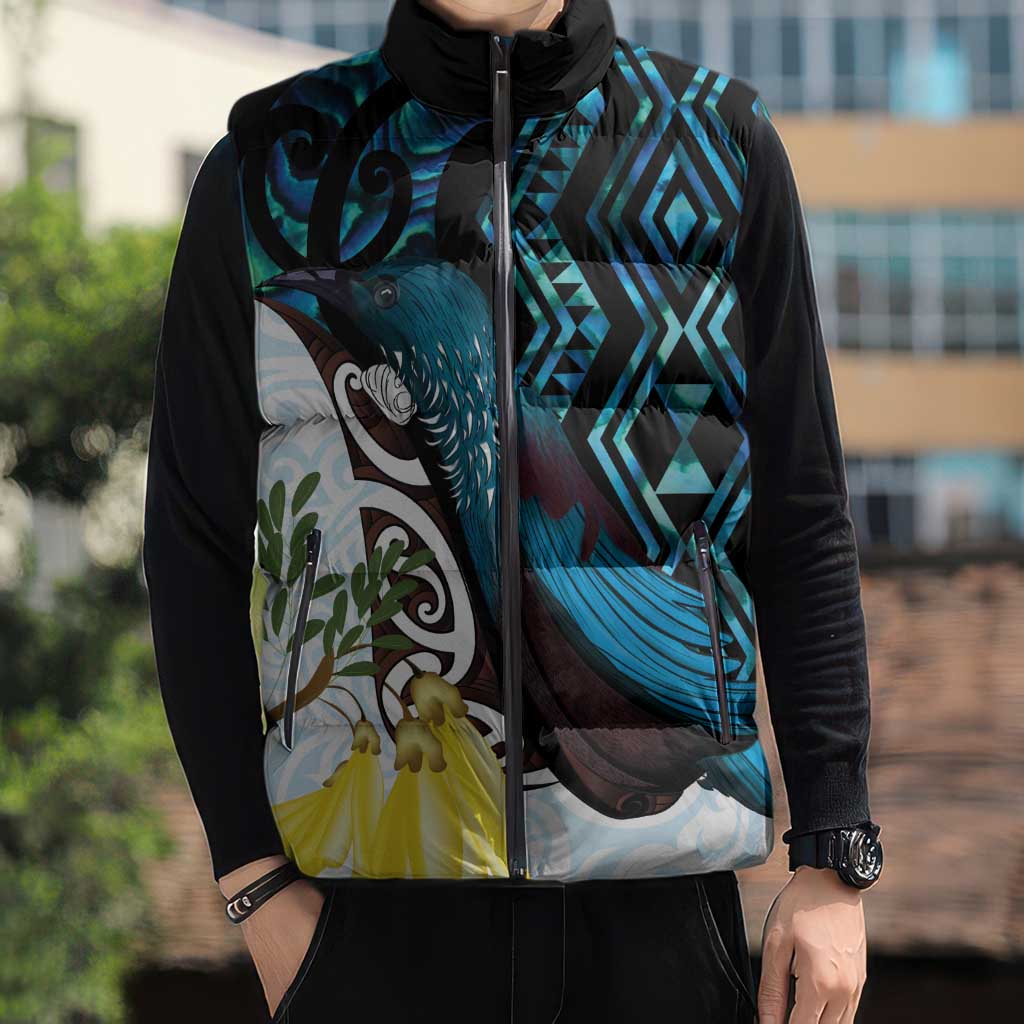 New Zealand Silver Fern Tui Bird Sleeveless Puffer Jacket Maori Kowhai Paua Shell Taniko Motifs - Polynesian Pride