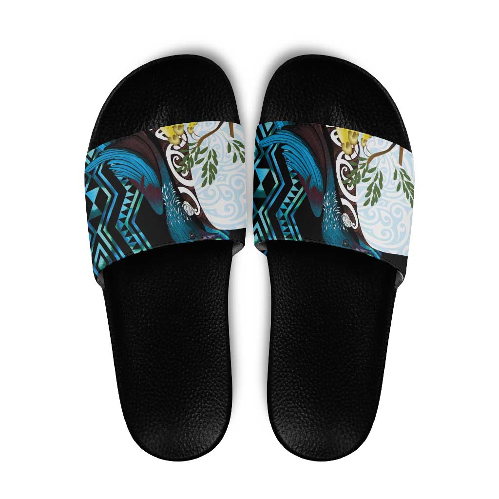 New Zealand Silver Fern Tui Bird Slide Sandals Maori Kowhai Paua Shell Taniko Motifs LT14 Turquoise - Polynesian Pride