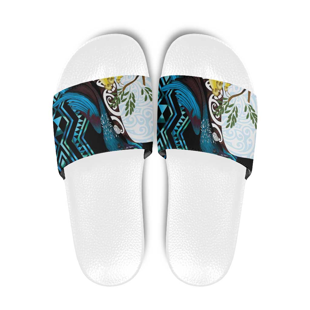 New Zealand Silver Fern Tui Bird Slide Sandals Maori Kowhai Paua Shell Taniko Motifs LT14 Turquoise - Polynesian Pride